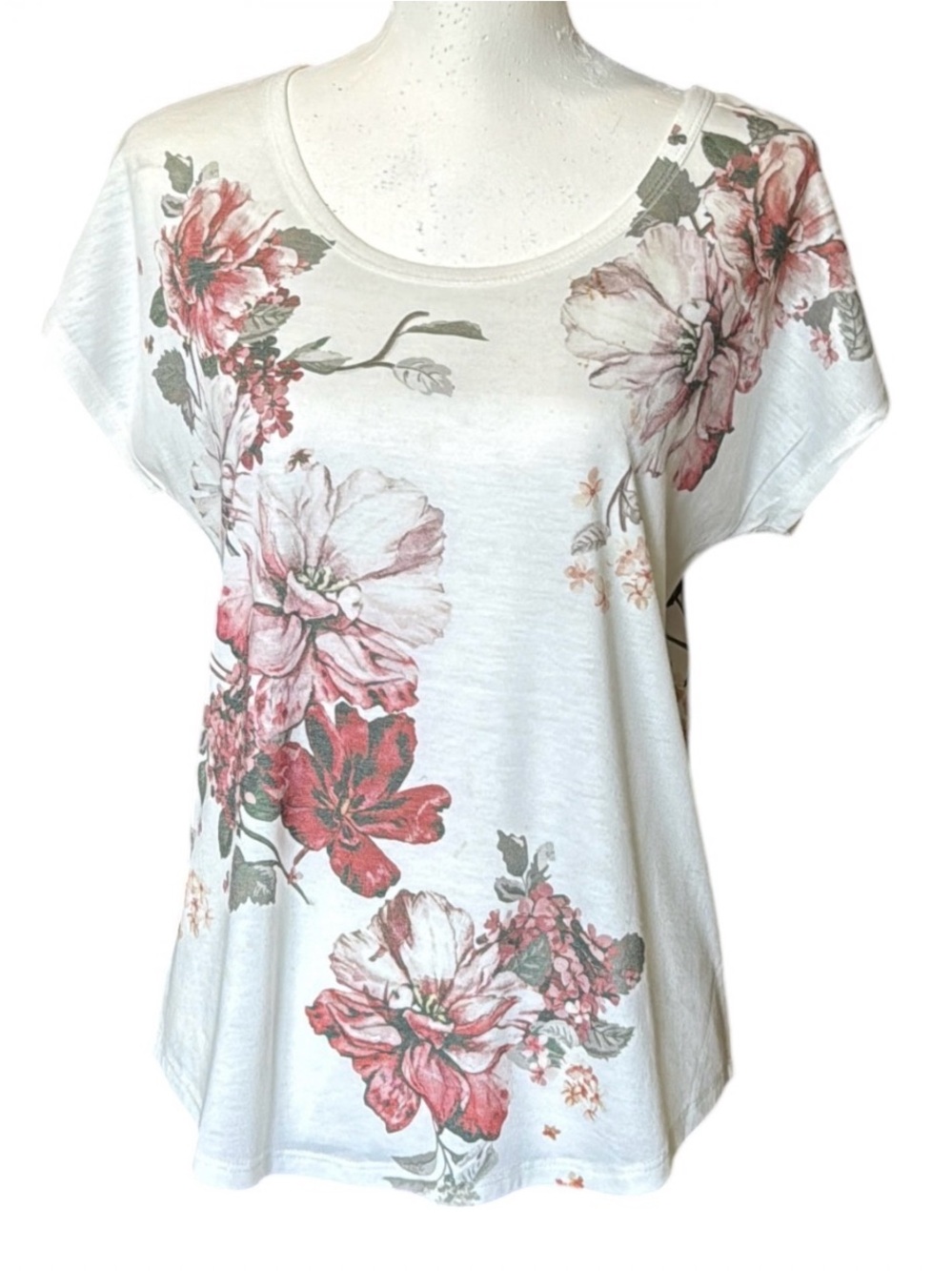 Misia white scoop neck tee w/pink floral print & high/low hem Women’s small | ad
